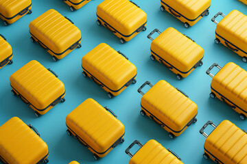 Pattern of multiple yellow suitcases on blue background, 3d, illustration