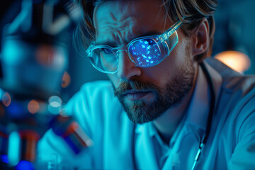 Biology, laboratory and 3D holographic overlay for science, 3d, illustration