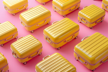 Pattern of multiple yellow suitcases on pink background, 3d, illustration