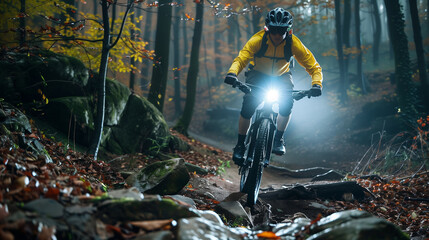 Mountain biker cycling along a rocky forest trail at night