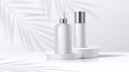 Cosmetic products on podium in leaves shadow realistic vector illustration. Skincare advertising stage 3d objects on white background
