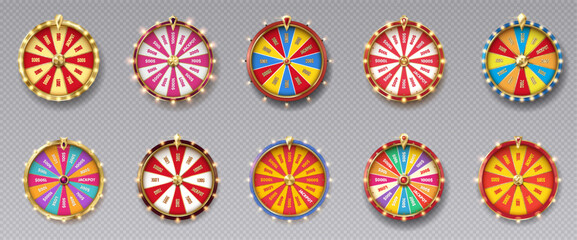 Fortune wheels colorful realistic vector illustration set. Luck win spin games. Casino roulettes 3d objects on transparent background