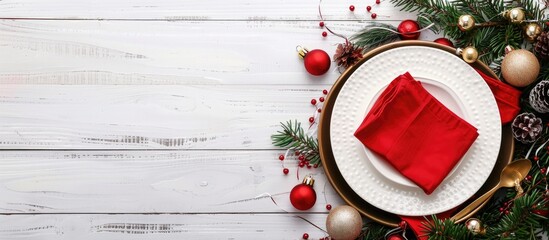 Table arrangement for celebrating Christmas and New Year's holidays on a white wooden table. A festive setting for a holiday dinner with a red napkin and organic adornments. - Powered by Adobe