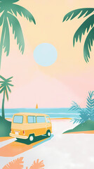 Vector illustration of summer scene:  Bus Car arriving at beach with waves and palm trees in pink pastel colors, flat, minimalistic