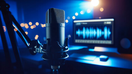 Sleek studio microphone with bokeh lights and audio waveforms on a monitor in a dark blue-lit professional recording studio.