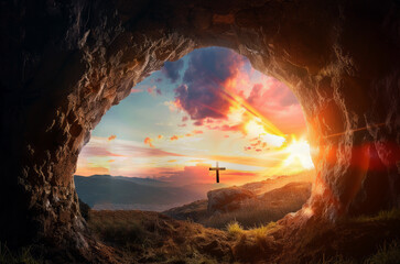 holy saturday,The empty tomb of Jesus Christ with the cross outside at sunrise,