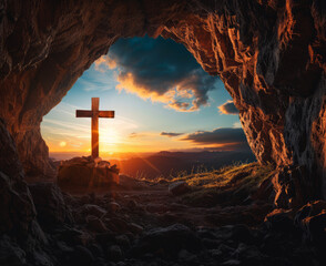 holy saturday,The empty tomb of Jesus Christ with the cross outside at sunrise,