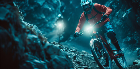 Mountain biker cycling along a rocky trail at night