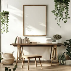 Frame mockup, books and plants on dark brown table, white wall background, 3d render,