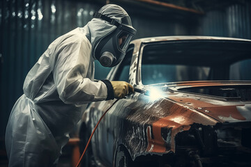 An automobile mechanic in workshop is engaged in repairing car bodies as well as preparing automobiles for painting AI Generative