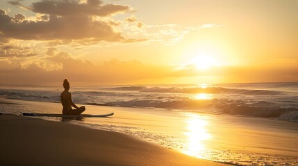 Surfer Seeks Inner Peace through Morning Yoga on Beach at Dawn