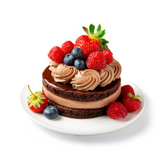 ベリーを飾ったチョコレートケーキの皿　白背景の切り抜き