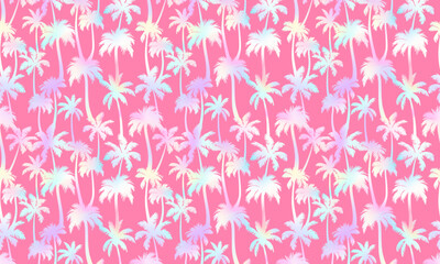 Palm trees pattern horizontal background. Vector holographic tropical jungle texture on pink background. Abstract gradient palm silhouettes summer print for textile, exotic wallpapers, decor, wrapping