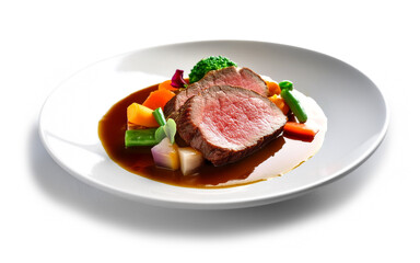 ローストビーフと彩り豊かな野菜の付け合せの皿　白背景の切り抜き