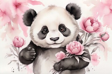 Watercolor illustration of baby panda with pink flowers. Concept for birthday cards, posters, stickers. AI generated