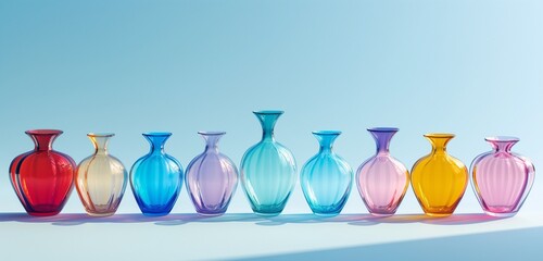A line of vibrant, hand-blown glass vases, each a different shape and shade, casting soft reflections and shadows against a gentle, cyan plain background.