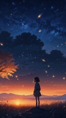 Girl and mystical scene the starry night sky