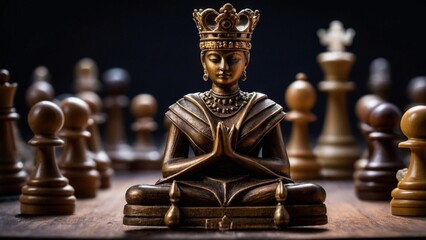 Luxurious, richly decorated chess pieces on the game board.