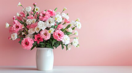 Floral artwork for home decor. A lovely pink and white flower arrangement in a vase sits against a pale pink wall.