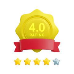Vector 3d feedback rating concept. Cartoon 3d wavy badge icon with four star rating, red ribbon and 4 gold stars out of five. Customer satisfaction level icon for web, game, app.