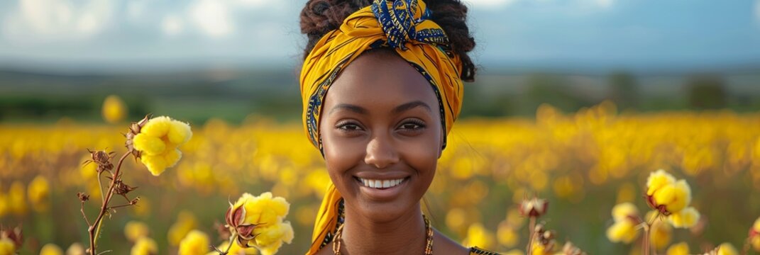 Beautiful dark-skinned African-American woman on cotton field. 