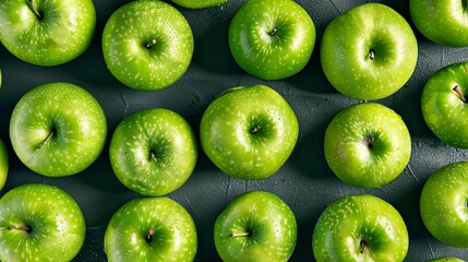 Fresh green apples arranged from above in a pattern, part of a collection of healthy produce.