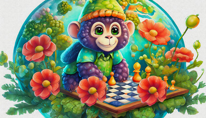 oil painting style CARTOON CHARACTER CUTE baby gorilla game of chess . 
