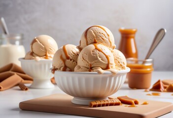 Organic caramel ice cream. A delicious summer dessert, gelato.