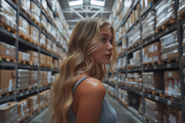 Female Warehouse Worker Among Boxes