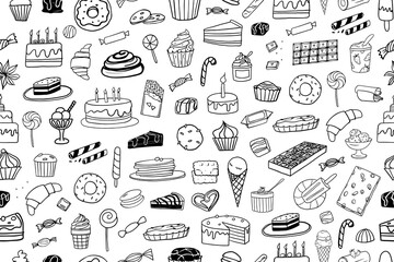 Seamless pattern of delicious. Bakery. Cake with candles, cupcake, donut, chocolate, pice of cake, muffin, candy, cinnabon, ice-cream. Great for menu design, party, birthday, children's holiday.