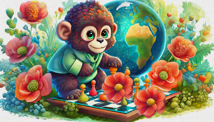 oil painting style CARTOON CHARACTER CUTE baby gorilla game of chess .  - obrazy, fototapety, plakaty