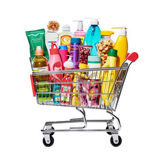 Shopping Cart with grocery item in transparent background