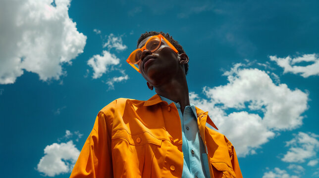 Young stylish black man model wearing sunglasses and posing for edgy and modern fashion editorial against the sky. Conceptual photo. Haute couture contemporary trends in orange colors

