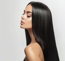 Beautiful woman with long black straight hair, sleek and shiny hair against a white background, beauty photography in the style of a hair product advertisement