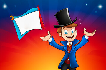 A cartoonish young magician pulling a  FREE SHIPPING  banner out of his hat.