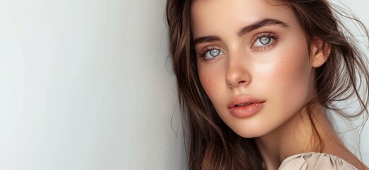 Beautiful woman with long brown hair and blue eyes, wearing beige dress posing for portrait on white background, close up shot, looking at camera, skin care concept