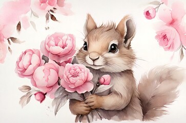 Watercolor illustration of baby squirell with pink flowers. Concept for birthday cards, posters, stickers. AI generated