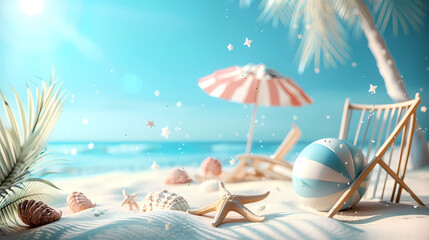 3d rendered beach with ball ,starfish and sea background .island vacation concept.summer sale concept.