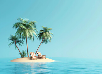 3d rendered isometric small island beach with arm chair and palm trees.vacation concept.
