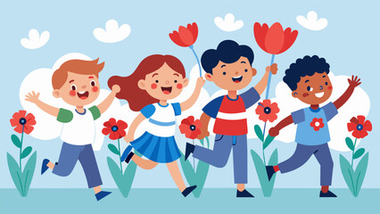 A group of children run through the garden their arms filled with bouquets of red poppies white snapdragons and blue irises as they playfully. Vector illustration