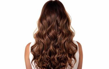 Fototapeta premium Beautiful woman with long brown hair, back view, hair is styled in beautiful curls