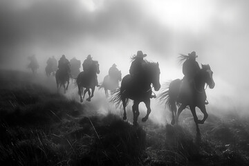 Herd of horses galloping over a hill, ai technology - Powered by Adobe