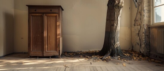 A wooden cabinet is positioned next to a tree trunk in the vacant interior of a room.