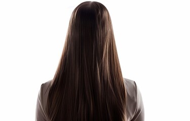Beautiful woman with long brown hair, back view, white background, hair salon video advertisement