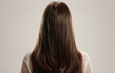 Naklejka premium Beautiful woman with long brown hair, back view, white background, hair salon video advertisement