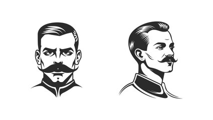 vintage french man with mustache in military uniform, simple vector logo on white background, front and side profile AI generated.