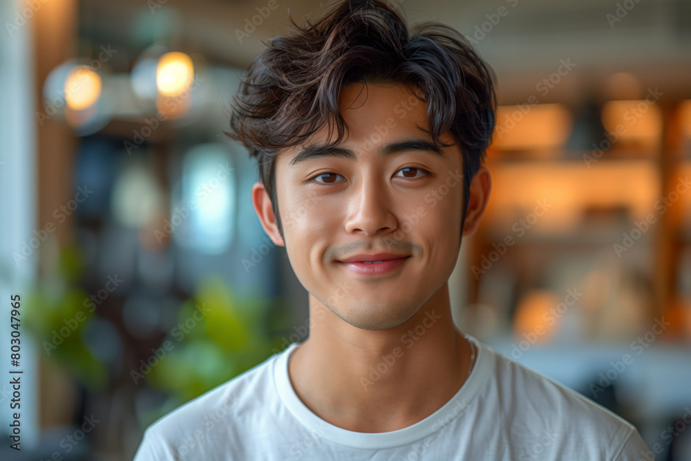 Wall mural Close-up portrait of an Asian man with a joyful smile on his face, against a blurred background