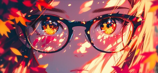Closeup of the girl's face, her glasses reflecting vibrant colors as she gazes at you with an expression that reflects deep emotion and thoughtfulness.