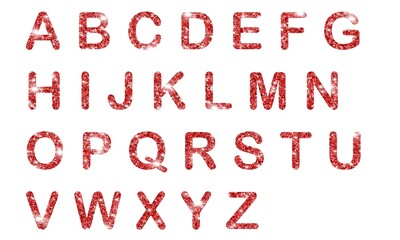Glitter character font, shimmer English font on white background 