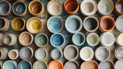 An array of different glazes and natural pigments highlighting the intentionality behind each design and color choice in the pottery making process.